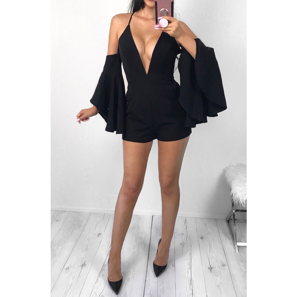 Black sexy deep plunge V-neck romper dress